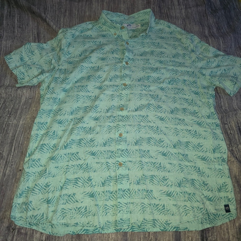 Southern Tide Mens XL Mint Green Tropical Palm Linen Rayon Button Down Shirt